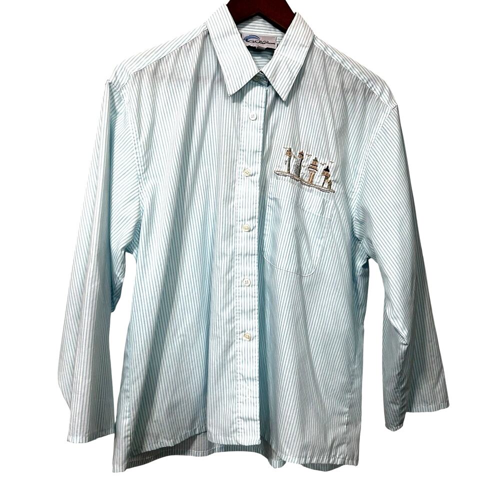 VTG Las Olas Womens Button Shirt L Aqua Stripe Lighthouse Embroidery Coastal Top